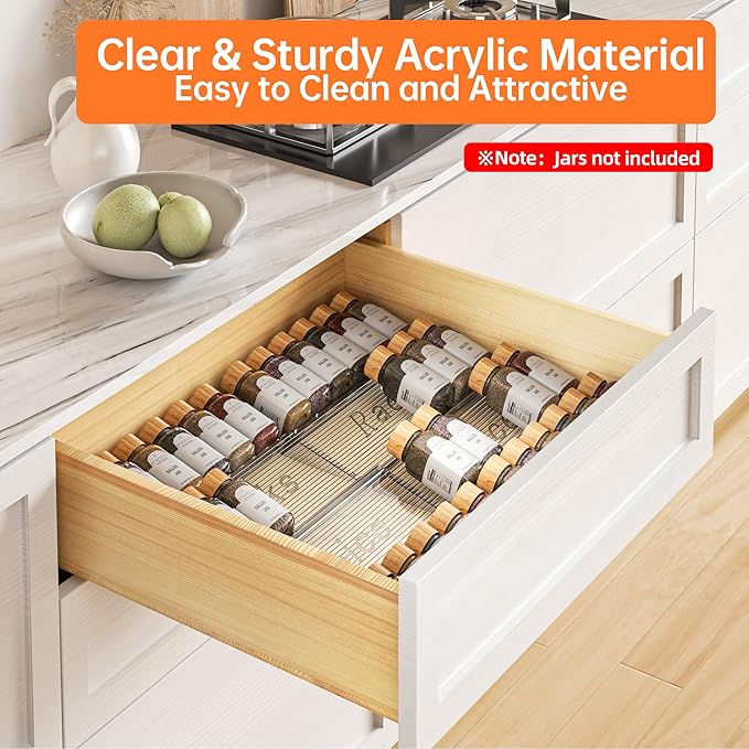 PanPanPal 8 Packs Spice Drawer Organizer, 2-Tier Acrylic Drawer Seasoning Organizer, Expandable From 11'' to 22'' Kitchen Spice Rack Organizers and Storage for Drawer (Jars not included), Clear