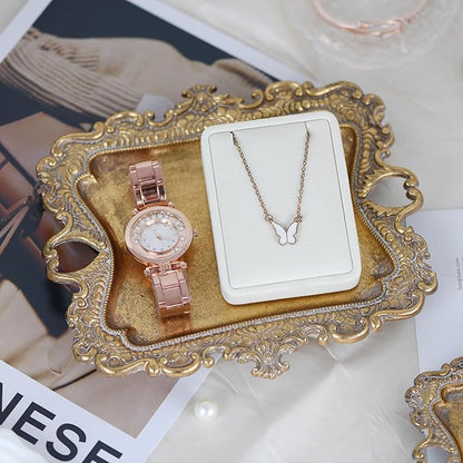 Funly mee Antique Trinket Dish Vintage Metal Jewelry Tray, Wedding Ring & Necklace Holder -8 x 7 inches (Gold, M)