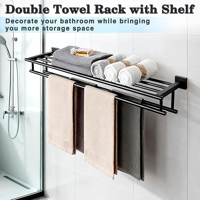 Alise Towel Rack for Bathroom Wall Mount,Double Towel Bars with Shelf,SUS304 Stainless Steel Towel Holder for Bathroom,Matte Black Towel Hanger for Bathroom,32 Inch