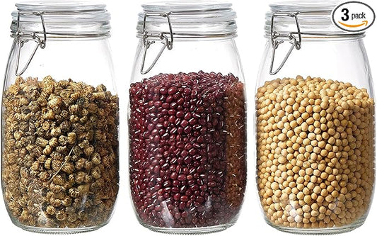 51oz Glass Food Storage Jars with Airtight Lids, Set of 3 – Clear Preserving Seal Wire Clip Fastening Canisters for Kitchen Canning, Flour, Cereal, Pasta, Sugar, Beans, Pickling Jars (51oz*3)