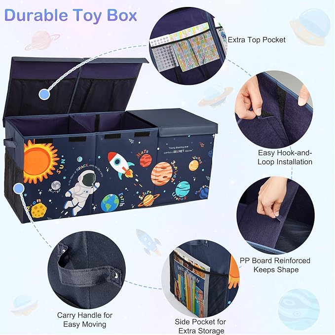 Unicorn Castle Toy Box with Adjustable Divider Toy Chest Storage Large Toy Storage Organizer Bin Collapsible with Lid Pockets for Nursery Playroom,Blue Astronaut