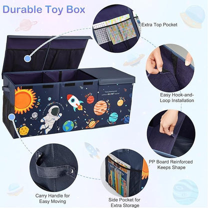 Unicorn Castle Toy Box with Adjustable Divider Toy Chest Storage Large Toy Storage Organizer Bin Collapsible with Lid Pockets for Nursery Playroom,Blue Astronaut