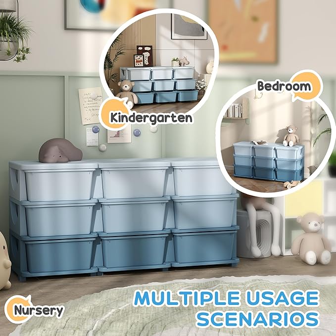 Qaba 3 Tier Kids Storage Unit, Toy Organizers and Storage with 9 Drawer Chest for Kids Bedroom Nursery Kindergarten Living Room for Boys Girls Toddlers, Blue