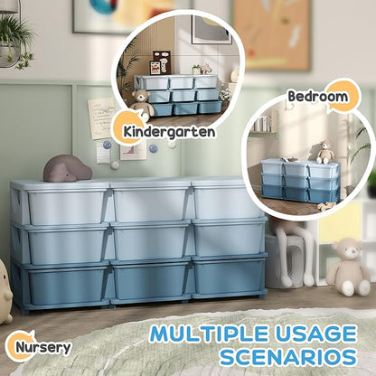 Qaba 3 Tier Kids Storage Unit, Toy Organizers and Storage with 9 Drawer Chest for Kids Bedroom Nursery Kindergarten Living Room for Boys Girls Toddlers, Blue