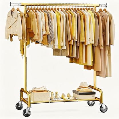 Raybee 75" W Heavy Duty Clothes Rack Load 450 LBS, Metal Garment Storage with Shelf, Lockable Wheels & Anti-Slip Stoppers, Rolling Clothing Rack for Bedroom Laundry Room, Gold