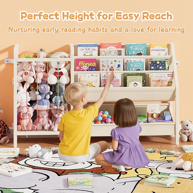 B5 Kids Bookshelf and Toy Storage, Book Shelf for Kids Rooms, Sling Toddler Book Shelves with Stuffed Animal Storage, Montessori Baby Bookcase for Nursery, Bedroom, Playroom, White