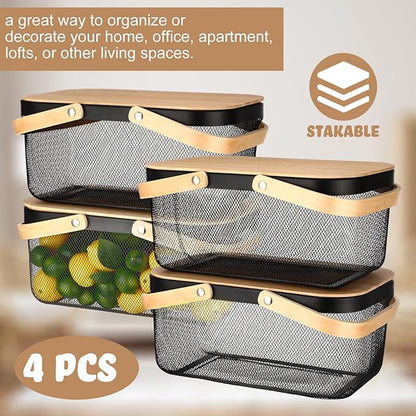 4 Pcs Mesh Steel Basket with Handles and Lids Wire Mesh Basket Garden Baskets for Gathering Vegetables Fruit Harvest Storage Organizer for Kitchen Drying Food(16 Inch,Black)