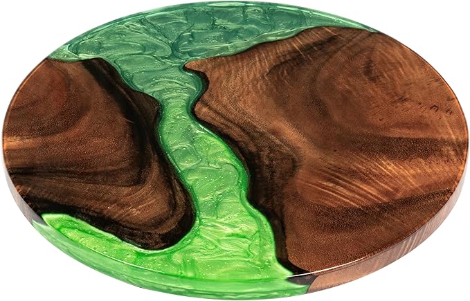 Handmade 16" Wood and Epoxy Resin Lazy Susan, Turntable for Kitchen Countertop, Rotating Display Stand, Round Wooden Platter, Organizer and Storage for Dining Table, Home Decor (Lime Green)