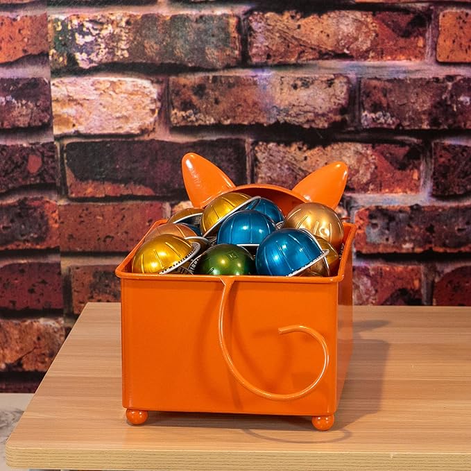 Made Easy Kit Coffee Pod Organizer Compatible with Nespresso Vertuo and Original - Countertop Sculpture Holder Basket Style for Café Bar, Corner Station Office Break Area (Cat Orange Square)