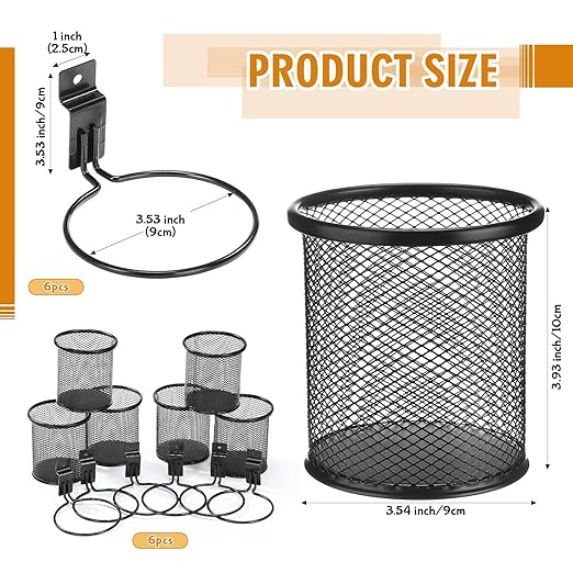 6 Set Slatwall Cup with Hook Black Metal Slatwall Bin Pencil Mesh Wire Holder Slat Wall Accessories for Organizing Various Tools, Garage Home Workshop Office (Round)