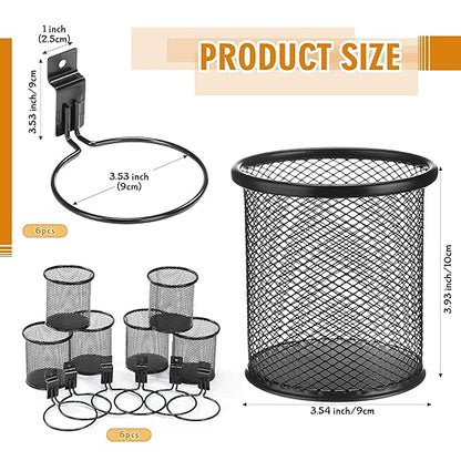 6 Set Slatwall Cup with Hook Black Metal Slatwall Bin Pencil Mesh Wire Holder Slat Wall Accessories for Organizing Various Tools, Garage Home Workshop Office (Round)