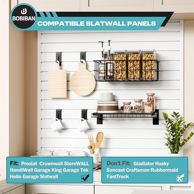 24PCS Slatwall Accessories Set, Includes Metal Slatwall Baskets, Shelves and Hooks, Heavy Duty Slat Wall Organizer Kit for Shops, Garage and Room Storage (Black,24pcs)