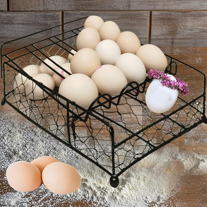TAIANLE. Wire Egg Basket For Gathering Fresh Eggs with Rolling Tray 2 Tier, Farmhouse Metal Egg Holder Container Countertop, Rustic Display Tray