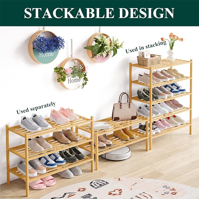 Smiry Bamboo Shoe Rack 3-Tier, Stackable Wooden Shoe Organizer for Entryway & Closet, Free Standing Wood Shoe Storage Shelf for Front Door & Small Spaces, Natural