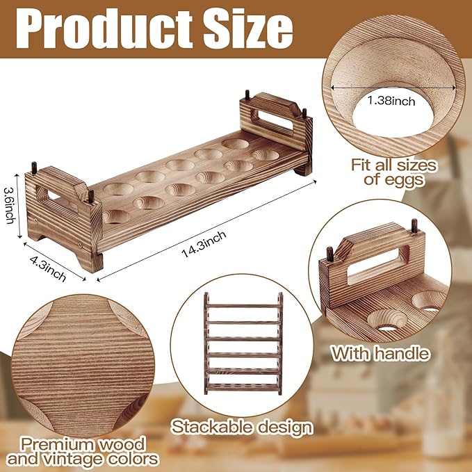 Maxcheck 6-Tier Stackable Egg Holder Wooden Egg Storage Rack with Handles Shelf Storage up to 72 Countertop Organizer for Kitchen, Refrigerator