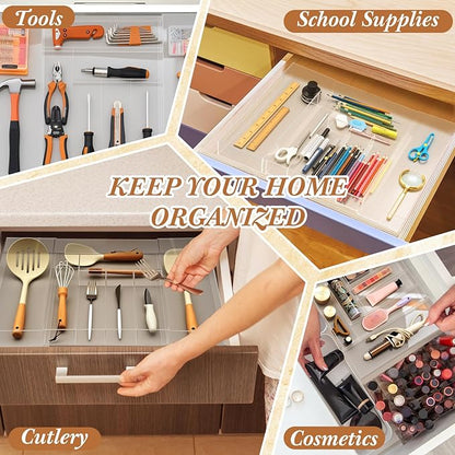 1 Pack Expandable Kitchen Drawer Organizer Clear Acrylic Utensil Organizer Adjustable Acrylic Silverware Storage for Drawers Silverware Flatware Knives (12 x 16 Inches,6-8 Compartments)
