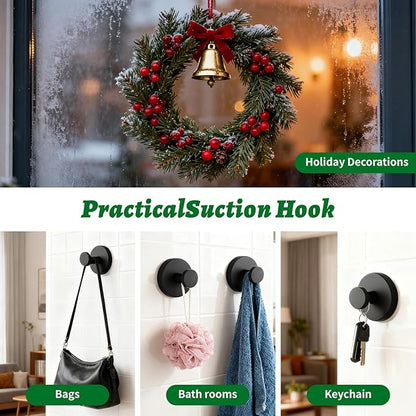 MIRAIWATIMO Strong Suction Cup Hooks -2026 New Upgraded No Drill Heavy Duty Hooks for Shower, Bathroom,Glass Door,Tile,Mirror & Front Door - Wreath Hanger,Towel,Robe,Loofah Holder - Black 2 Pack