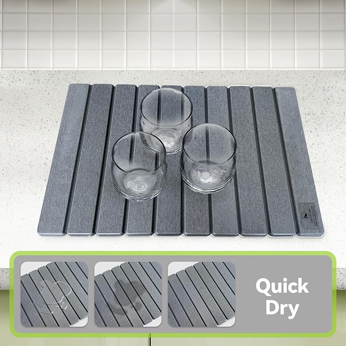 Large Stone Dish Drying Mats for Kitchen Counter - 24"(L)×16"(W) Quick Dry Collapsible Dish Drying Mat for Dishes Bottles Cups, Eco-friendly Diatomaceous Earth Absorbent Mat for Any Countertop Gray