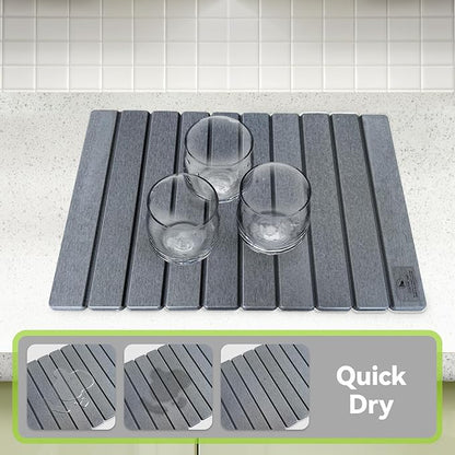 Large Stone Dish Drying Mats for Kitchen Counter - 24"(L)×16"(W) Quick Dry Collapsible Dish Drying Mat for Dishes Bottles Cups, Eco-friendly Diatomaceous Earth Absorbent Mat for Any Countertop Gray