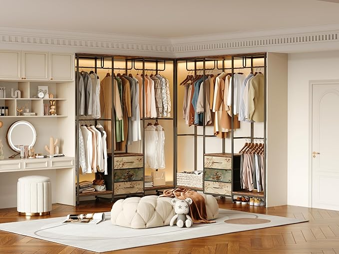 Garment Rack Heavy Duty Clothes Rack for Hanging Clothes, Freestanding Clothing Rack with 3 Fabric Drawers, Wood Stoarge Shelf, Adjustable Closet Racks, Corner L Shaped Closet System Organizers, Retro