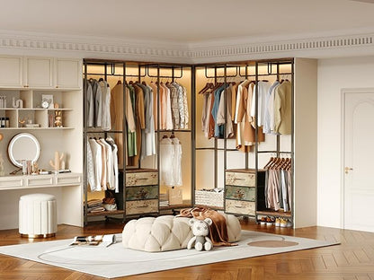 Garment Rack Heavy Duty Clothes Rack for Hanging Clothes, Freestanding Clothing Rack with 3 Fabric Drawers, Wood Stoarge Shelf, Adjustable Closet Racks, Corner L Shaped Closet System Organizers, Retro