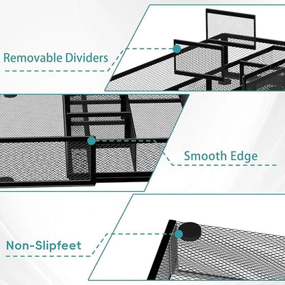 Expandable Desk Drawer Organizer Tray with 10 Adjustable Compartments, Metal Mesh Office Drawer Organizer, Versatile Desk Organizer for Home, School Supplies, Makeup Vanity & Jewelry (Black)