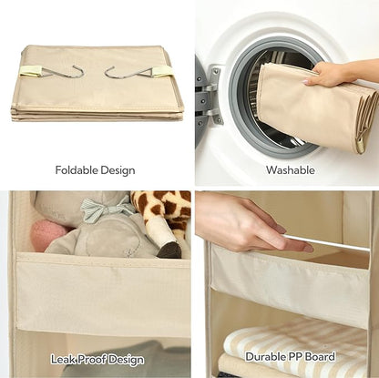GRANNY SAYS 3 Shelf Hanging Closet Organizers and Storage, Collapsible Closet Storage Organizer with 2 Metal Hooks, Leak-Proof Hanging Shelves for Wardrobe, RV Camper, Locker, 2 Pack, Khaki