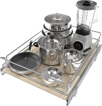 Pull Out Cabinet Organizer 18" W X 22" D, Slide Out Drawers For Kitchen Organizers and Storage, Pull Out Drawers For Cabinets Capacity Heavy Duty Caddy, Cabinet Shelves Wood Chrome, Pantry Storage