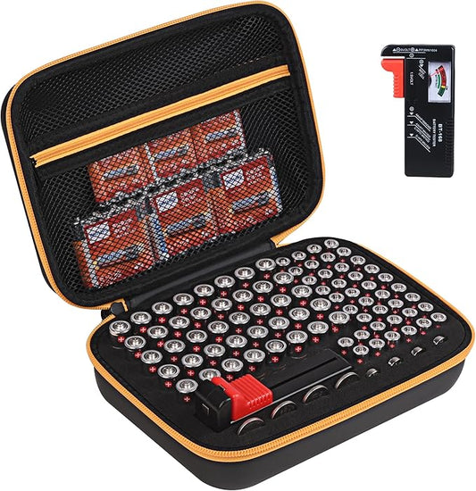 Battery Organizer Storage Case with Tester for AA AAA Button Battery Holder Carrying 3 Batteries Variety Pack 88 Batteries Zipper Mesh Bag (Batteries Not Included) (black-orange)