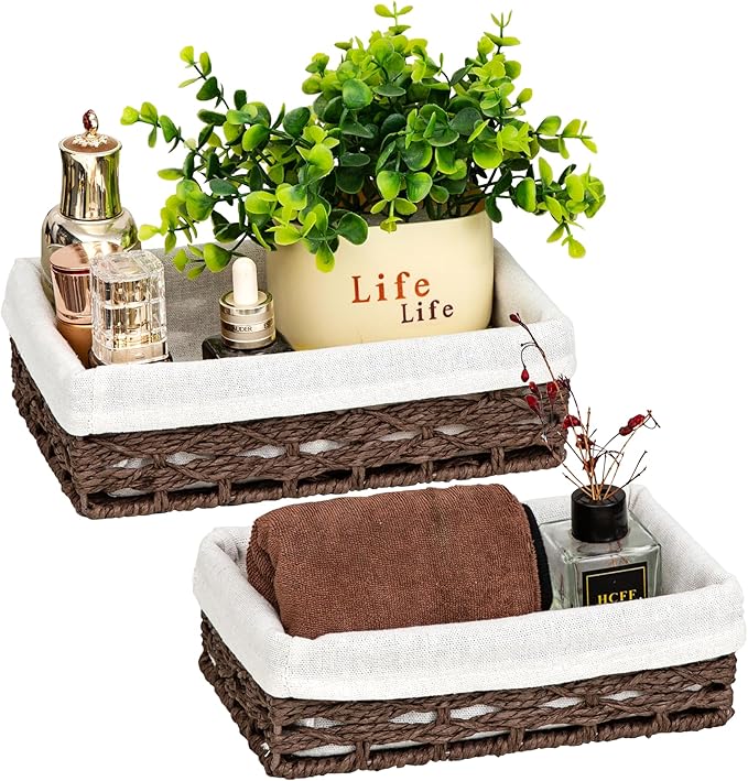 Small Storage Basket With Liner,Wicker Decorative Basket for coffee table,RectangleTray,Bathroom Countertop Organizer，rectangle Kitchen Drawer Organizer Storage Set of 2 Brown