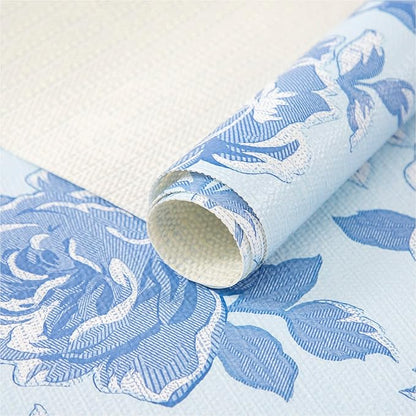 FIFTY FEET 18X96 Inch Shelf Liner for Kitchen Cabinets, PVC Drawer Liner for Dresser Non-Slip Bathroom, Non-Adhesive Cabinet Liner Washable (Blue Flower)(1 Roll)
