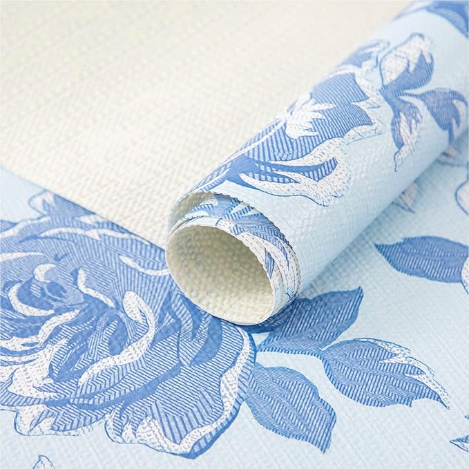 FIFTY FEET 18X96 Inch Shelf Liner for Kitchen Cabinets, PVC Drawer Liner for Dresser Non-Slip Bathroom, Non-Adhesive Cabinet Liner Washable (Blue Flower)(10 Roll)