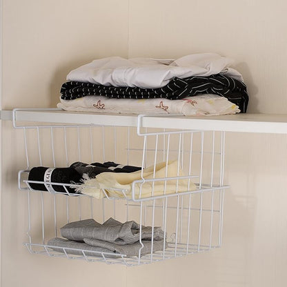Under Shelf Storage Basket, 2-Pack Under Shelf Hanging Metal Wire Storage Basket Organizer for Kitchen, Office, Pantry, Bathroom, Cabinet, White