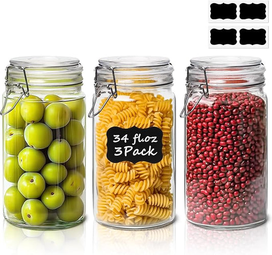 ComSaf Glass Jars with Airtight Lid Set of 3, Mason Jars 34 oz, Pickling Jar, Canning Jar 34oz, 34 oz Glass Containers with Lids for Kitchen, Pickle, Flour, Cereal, Pasta, Sugar, Herb