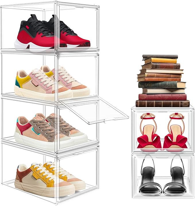 EDS FAM 1 Pack Drop Front Acrylic Shoe Boxes with Magnetic Door Size 12, Clear Stackable Shoe Organizers Sneaker Display Cases for Closet, Entryway, Underbed, Multiple Display Cases for Caps, Figures