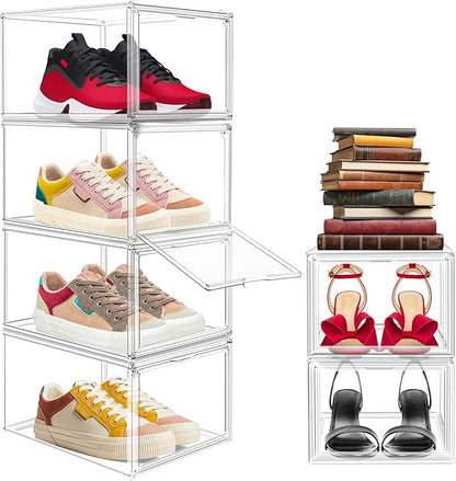 EDS FAM 1 Pack Drop Front Acrylic Shoe Boxes with Magnetic Door Size 12, Clear Stackable Shoe Organizers Sneaker Display Cases for Closet, Entryway, Underbed, Multiple Display Cases for Caps, Figures