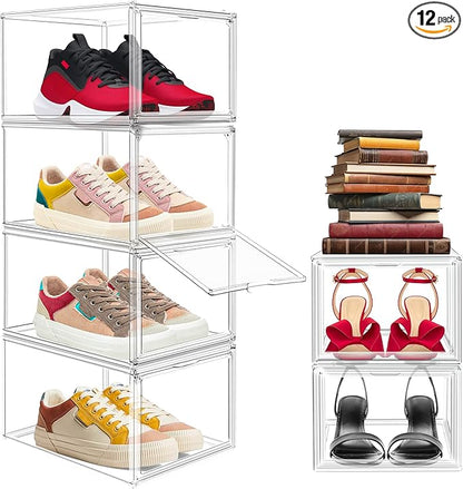 EDS FAM 12 Pack Drop Front Acrylic Shoe Boxes with Magnetic Door Fit US Size 12, Clear Stackable Shoe Organizer for Closet, Entryway, Underbed, Multiple Display Cases for Hats, Figures, Sneakers