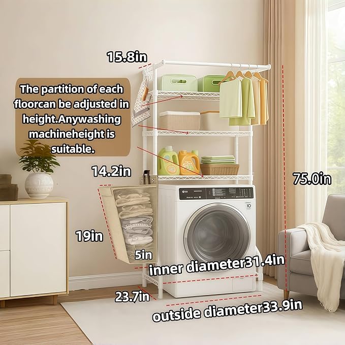 The Storage Rack Above The Washing Machine, Dryer, and Refrigerator has Been Widened in Width. There are Laundry Bags and Drying Pockets. Adjustable Height Laundry Room Shelves Organizer(White)