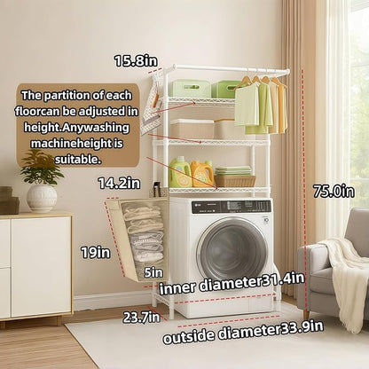 The Storage Rack Above The Washing Machine, Dryer, and Refrigerator has Been Widened in Width. There are Laundry Bags and Drying Pockets. Adjustable Height Laundry Room Shelves Organizer(White)