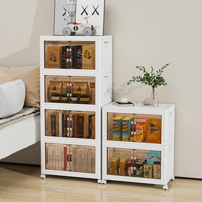 Vavkorkula Storage Bins with 2 Lids and Wheels, 270QT-45QT*6Tier Collapsible Bathroom Storage Cabinet with Clear Doors, Plastic Stackable Closet Organizers and Containers White