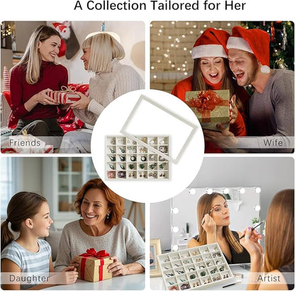 Wudygirl Jewelry Organizer Stackable Jewelry Tray for Drawer Velvet Earring Holder Organizer with Lid Dust-proof Earring Case Ring Storage for Women Drawer Inserts 30 Grid (Beige)