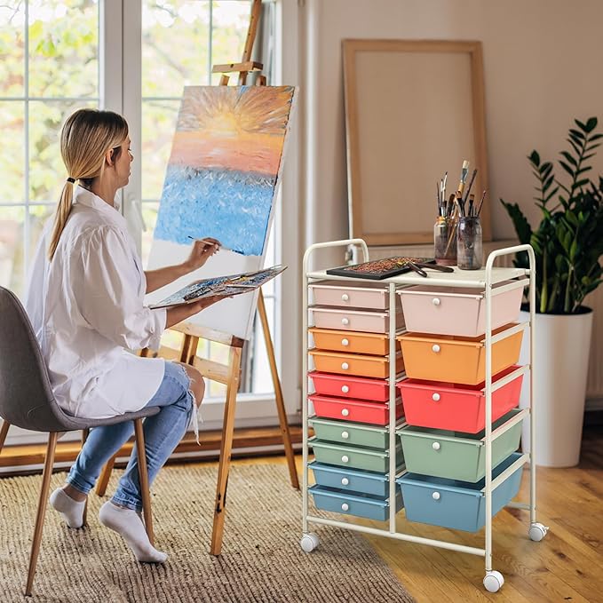 KOTEK 15-Drawer Rolling Storage Cart, Multipurpose Mobile Utility Cart with 4 Wheels, Home Office School Tools Scrapbook Paper Organizer (Multicolor-Combo3)