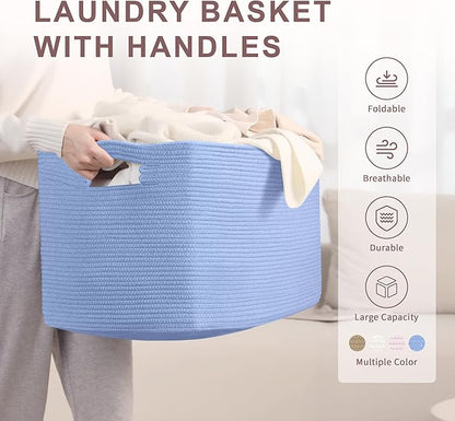 86L Large Baby Girls Laundry Basket for Nursery Storage,Cute Woven cotton Rope Baskets for Kids Toy，Gifts, Boho Square Wicker Blanket hamper for Living Room,Bedroom Dirty Clothes,Blue Purple