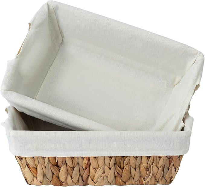 JS HANGER Wicker Storage Basket with Washable Liners, Metal Frame, Set of 2, 12.6"L x 8.7"W x 4.3"H, Water Hyacinth Woven Basket for Pantry, Toilet, Bathroom, Bedroom, Patio, Natrual