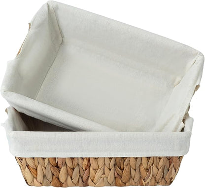 JS HANGER Wicker Storage Basket with Washable Liners, Metal Frame, Set of 2, 12.6"L x 8.7"W x 4.3"H, Water Hyacinth Woven Basket for Pantry, Toilet, Bathroom, Bedroom, Patio, Natrual