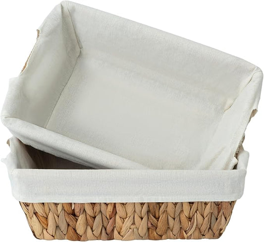 JS HANGER Wicker Storage Basket with Washable Liners, Metal Frame, Set of 2, 12.6"L x 8.7"W x 4.3"H, Water Hyacinth Woven Basket for Pantry, Toilet, Bathroom, Bedroom, Patio, Natrual