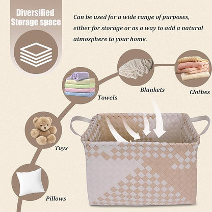 BROWNLILY Handwoven Clothes Basket Laundry Hampers Large Wicker Storage Baskets for Shelves Blankets Closet Storage Bins Car Bedroom Bathroom Organizers and Storage (Pack of 4, Khaki & Ivory White)