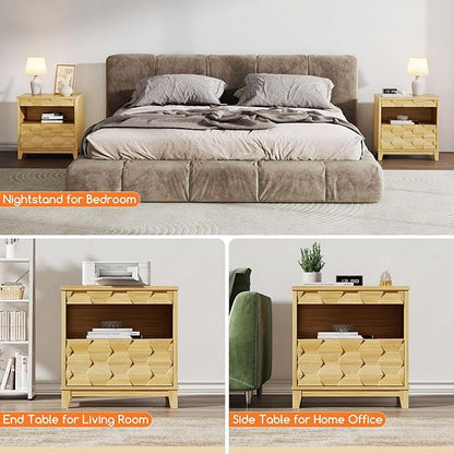 BROTTAR 24" Wide Night Stand with Gun Drawer, Modern Fluted Bedside Table with Unique 3-Dimensional Craft, Wood Sofa Couch End Side Table for Bedroom Office, Natural