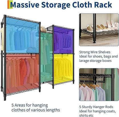 Portable Clothes Rack Heavy Duty Garment Rack, Large Freestanding Closet Wardrobe with Adjustable Shelves & 5 Hanging Rods, Closet Organizer and Storage for Bedroom Cloakroom, 76.5"H x 73.6"L x 17.4"W
