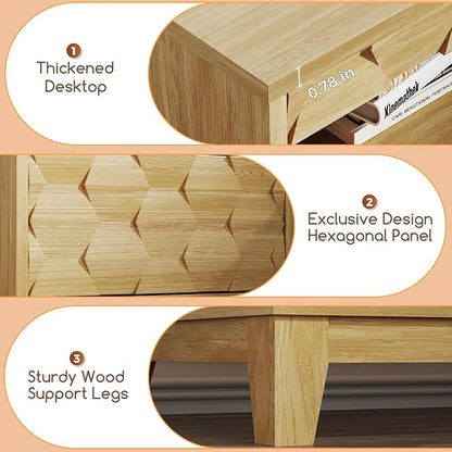 BROTTAR 24" Wide Night Stand with Gun Drawer, Modern Fluted Bedside Table with Unique 3-Dimensional Craft, Wood Sofa Couch End Side Table for Bedroom Office, Natural